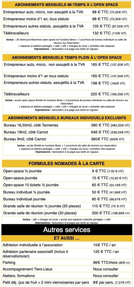 Tarifs des abonnements et locations au coworking La Fontaine.